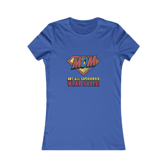 Royal blue t-shirt with a colorful superhero-inspired logo that reads MOM in a shield shape, above the text Not all superheroes wear capes!, available at the Gifts For Mom store to celebrate mom in style.
