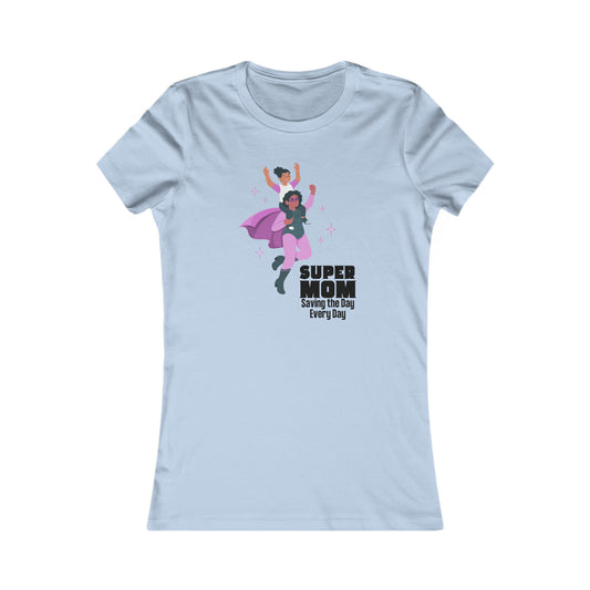 Sky blue t-shirt featuring an illustration of a woman in a superhero costume carrying a smiling child. The text reads SUPER MOM Saving the Day Every Day. Perfect for celebrating mom and available at the Gifts For Mom store.