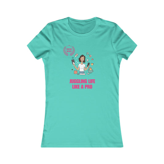 Teal t-shirt from the Gifts For Mom store features a cartoon woman juggling household items and office supplies. Text reads, Juggling Life Like a Pro. A small laurel wreath says Mom of the Year on the upper left chest area, perfect to celebrate mom every day.