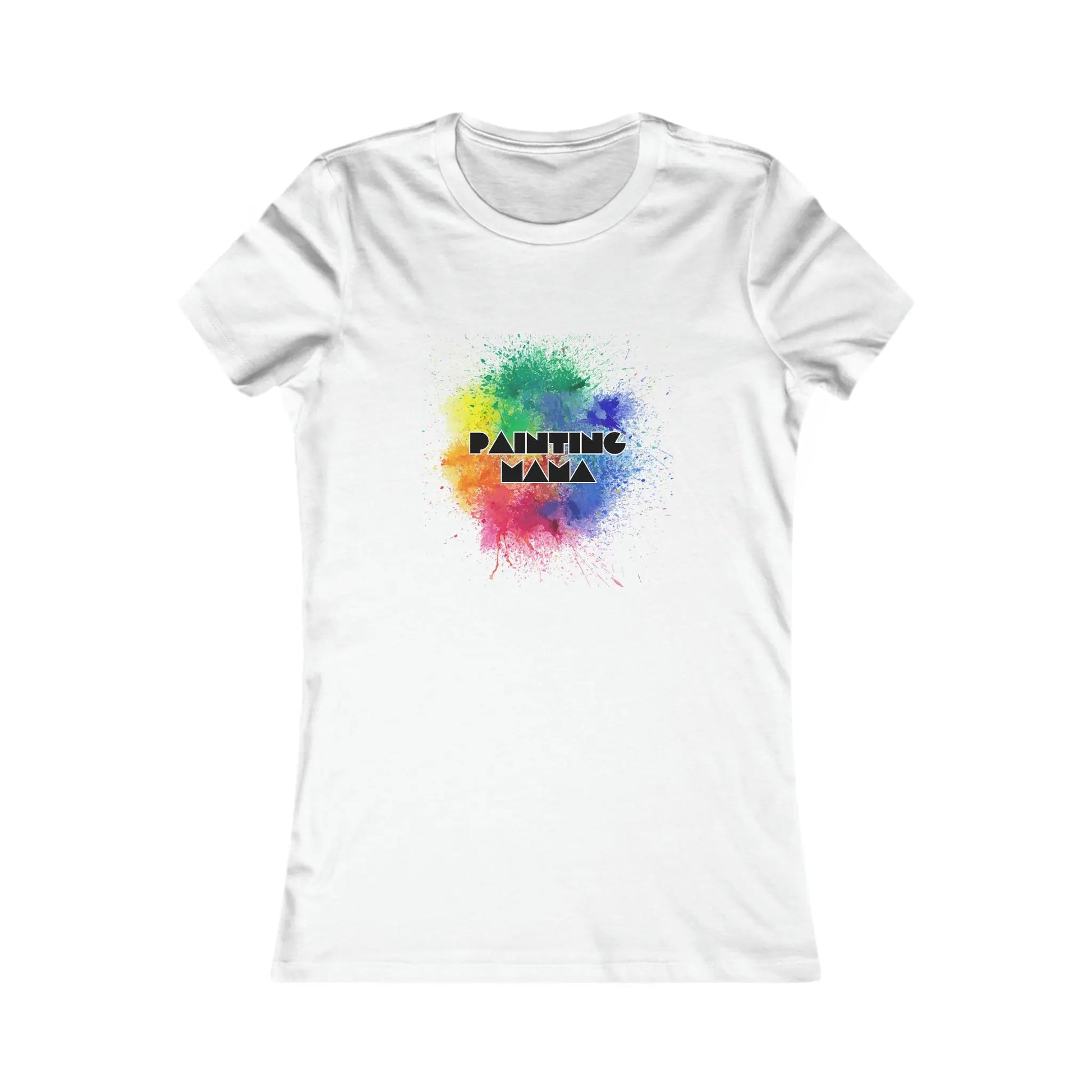 White T-shirt featuring a vibrant paint splash design in the center. PAINTING MAMA is boldly printed over it with a gradient effect. Perfect to celebrate moms artistic spirit, its available exclusively at the Gifts For Mom store.