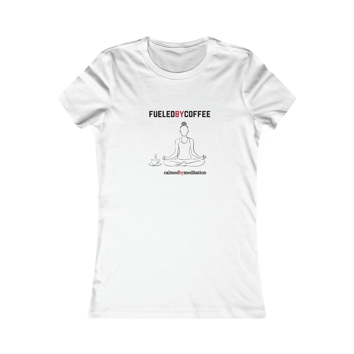 A white t-shirt from the Gifts For Mom store showcases a simple line drawing of a person meditating, flanked by coffee cups. Text above reads FUELED BY COFFEE and below reads calmed by  meditation—perfect for celebrating mom’s love for peace and caffeine.A yellow t-shirt from the Gifts For Mom store showcases a simple line drawing of a person meditating, flanked by coffee cups. Text above reads FUELED BY COFFEE and below reads calmed by  meditation—perfect for celebrating mom’s love for peace and caffeine.