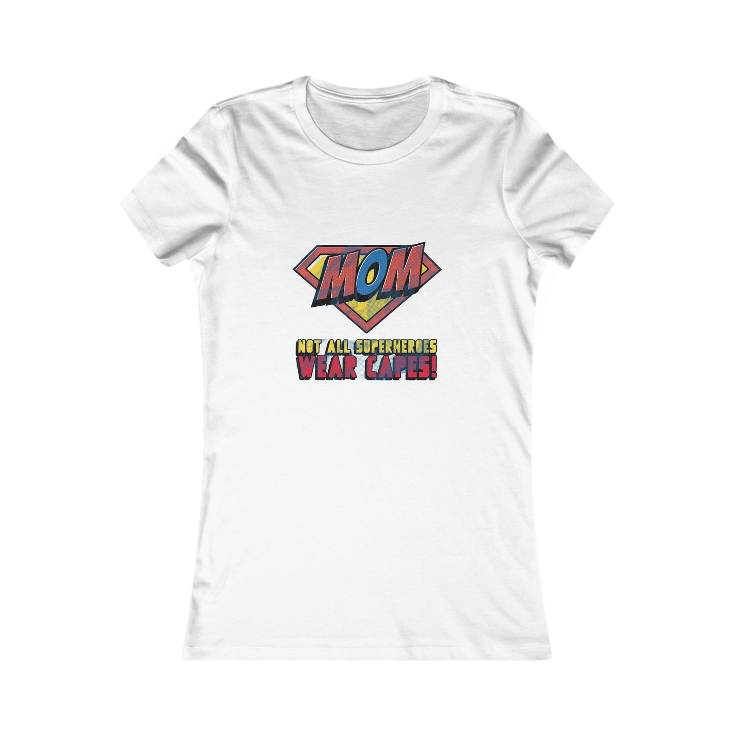 White t-shirt with a colorful superhero-inspired logo that reads MOM in a shield shape, above the text Not all superheroes wear capes!, available at the Gifts For Mom store to celebrate mom in style.