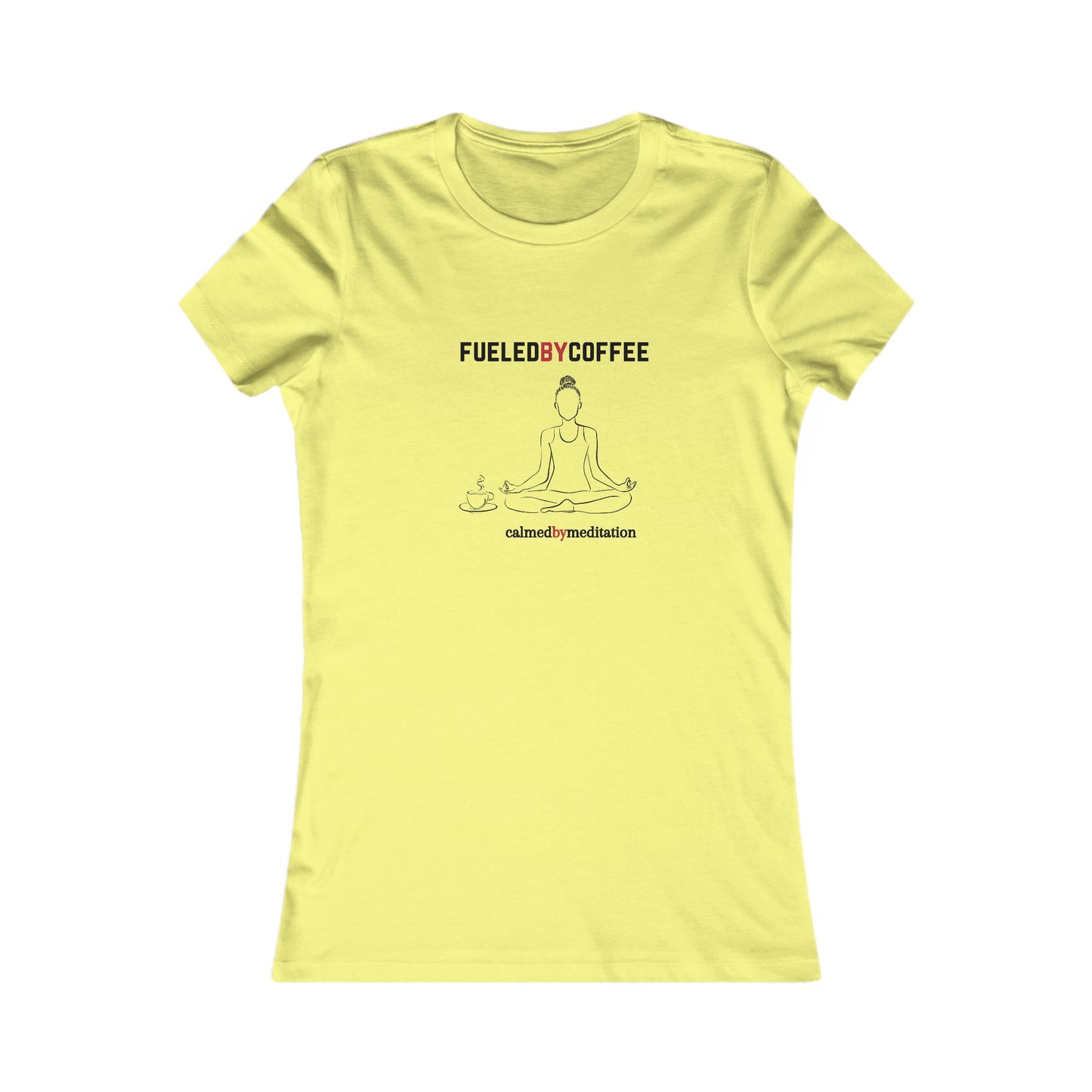 A yellow t-shirt from the Gifts For Mom store showcases a simple line drawing of a person meditating, flanked by coffee cups. Text above reads FUELED BY COFFEE and below reads calmed by  meditation—perfect for celebrating mom’s love for peace and caffeine.