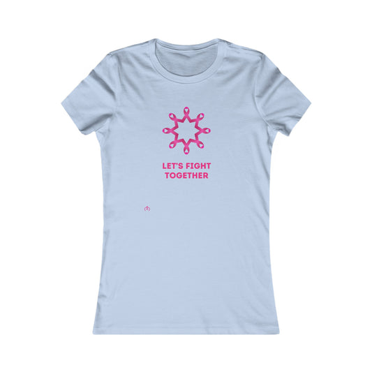 Baby blue t-shirt featuring a Breast Cancer Awareness pink ribbon design forming a flower shape. Below, LETS FIGHT TOGETHER is boldly inscribed in pink. Available at the Gifts for Mom store, this tee supports a meaningful cause with style.