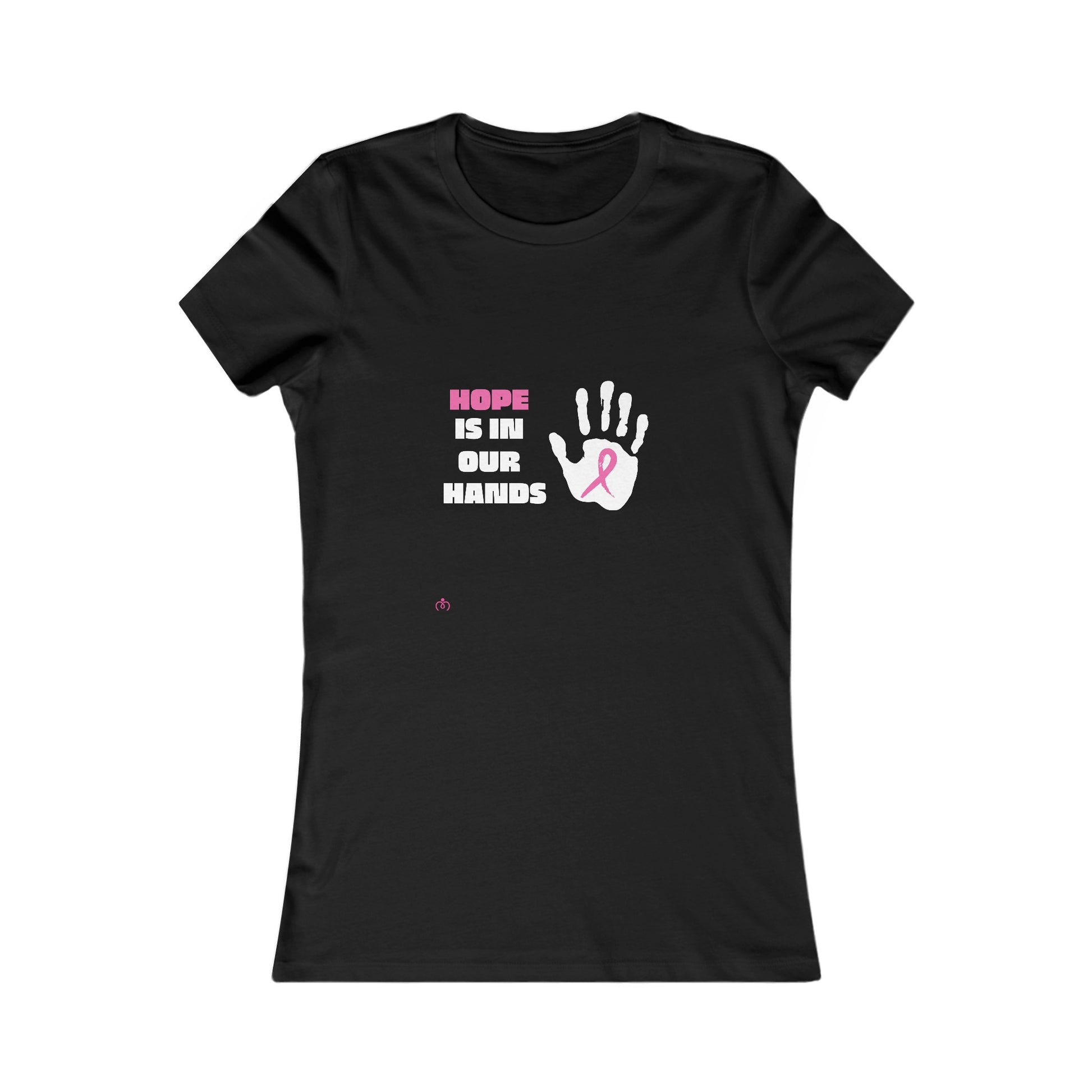 Black t-shirt from our Gifts for Mom store, featuring Hope is in our hands text and a handprint with a pink ribbon on the chest. The ribbon is for breast cancer awareness.