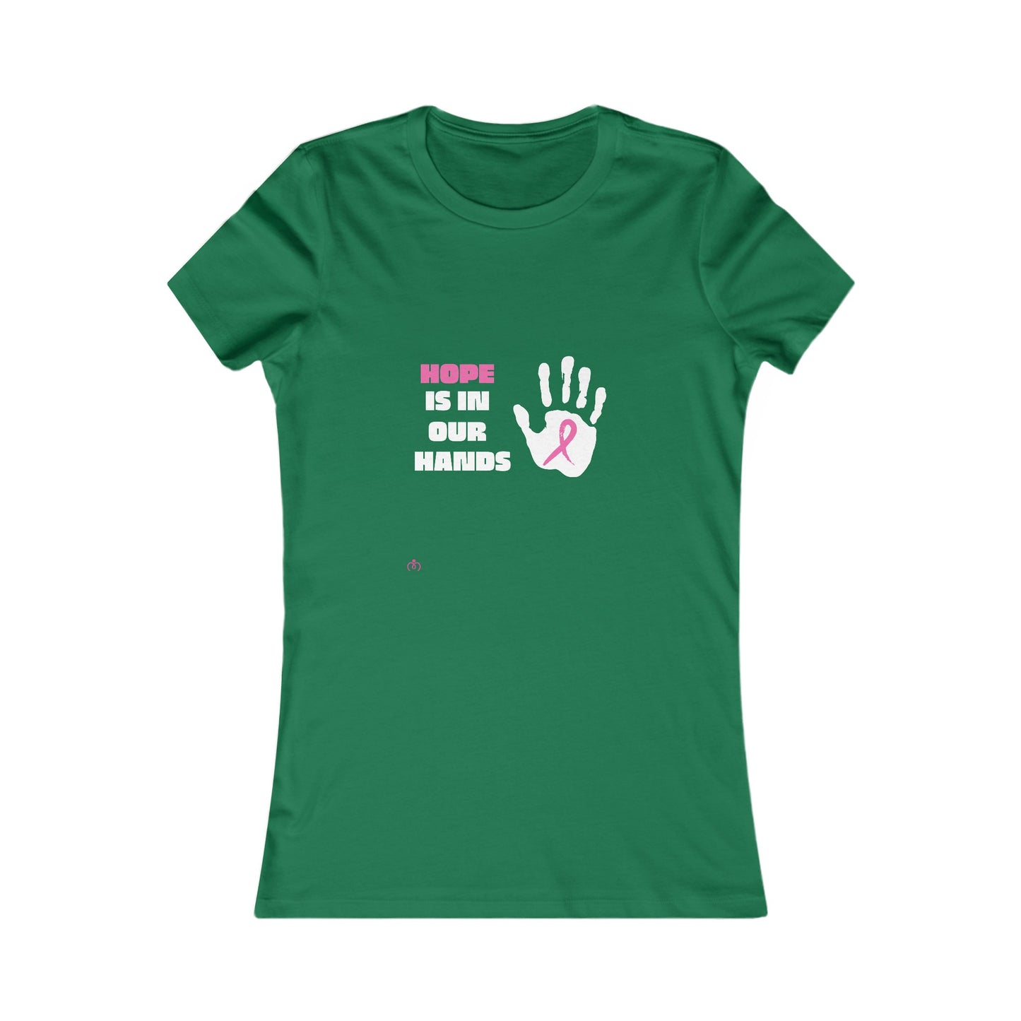 Kelly green t-shirt from our Gifts for Mom store, featuring Hope is in our hands text and a handprint with a pink ribbon on the chest. The ribbon is for breast cancer awareness.