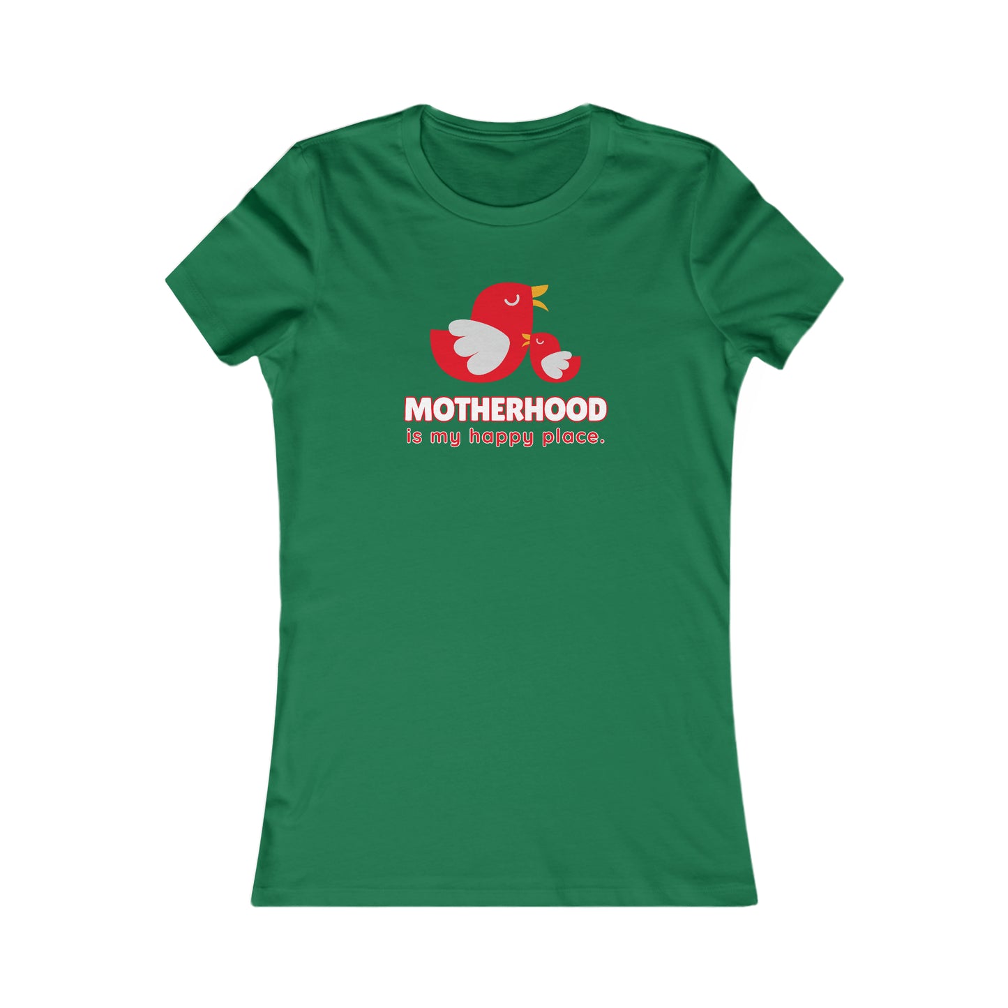 Kelly green t-shirt with a red cartoon of a mother bird and a baby bird, above the text MOTHERHOOD is my happy place. Available at the Gifts For Mom store, it’s perfect for those looking to celebrate mom in style.