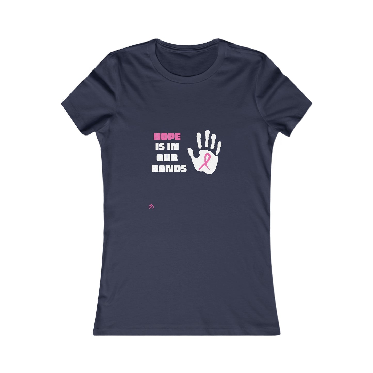 Navy blue t-shirt from our Gifts for Mom store, featuring Hope is in our hands text and a handprint with a pink ribbon on the chest. The ribbon is for breast cancer awareness.