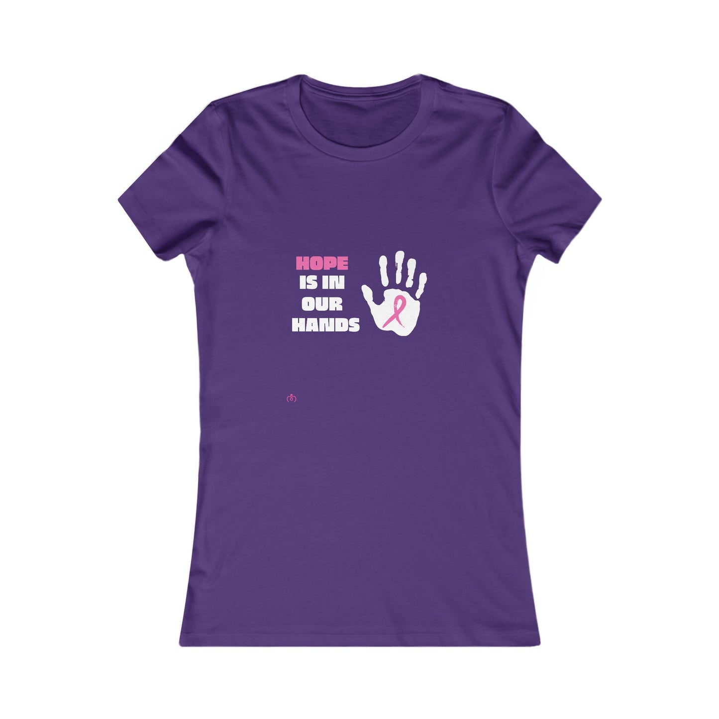 Purple t-shirt from our Gifts for Mom store, featuring Hope is in our hands text and a handprint with a pink ribbon on the chest. The ribbon is for breast cancer awareness.