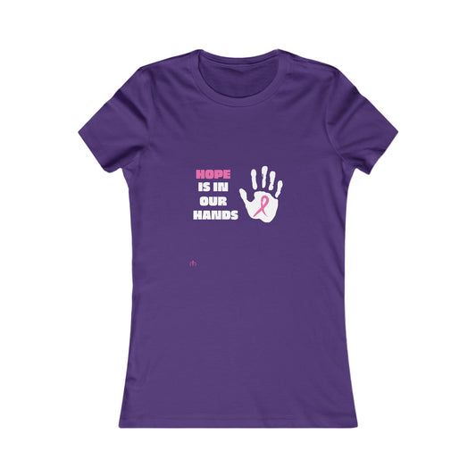 Purple t-shirt from our Gifts for Mom store, featuring Hope is in our hands text and a handprint with a pink ribbon on the chest. The ribbon is for breast cancer awareness.