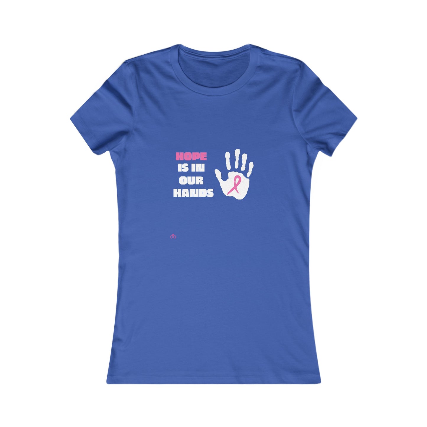 Royal blue t-shirt from our Gifts for Mom store, featuring Hope is in our hands text and a handprint with a pink ribbon on the chest. The ribbon is for breast cancer awareness.