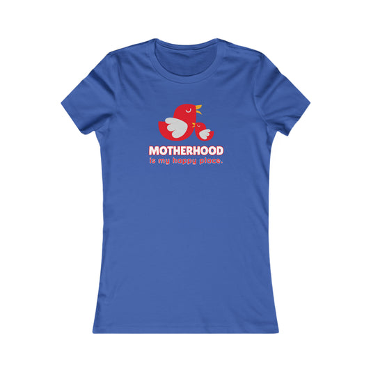 Royal blue t-shirt with a red cartoon of a mother bird and a baby bird, above the text MOTHERHOOD is my happy place. Available at the Gifts For Mom store, it’s perfect for those looking to celebrate mom in style.