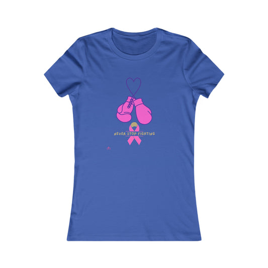 Royal blue t-shirt featuring a design of pink boxing gloves hanging from a heart outline above a pink ribbon. Perfect for promoting breast cancer awareness, the text below reads Never Stop Fighting. Available at the Gifts for Mom store.