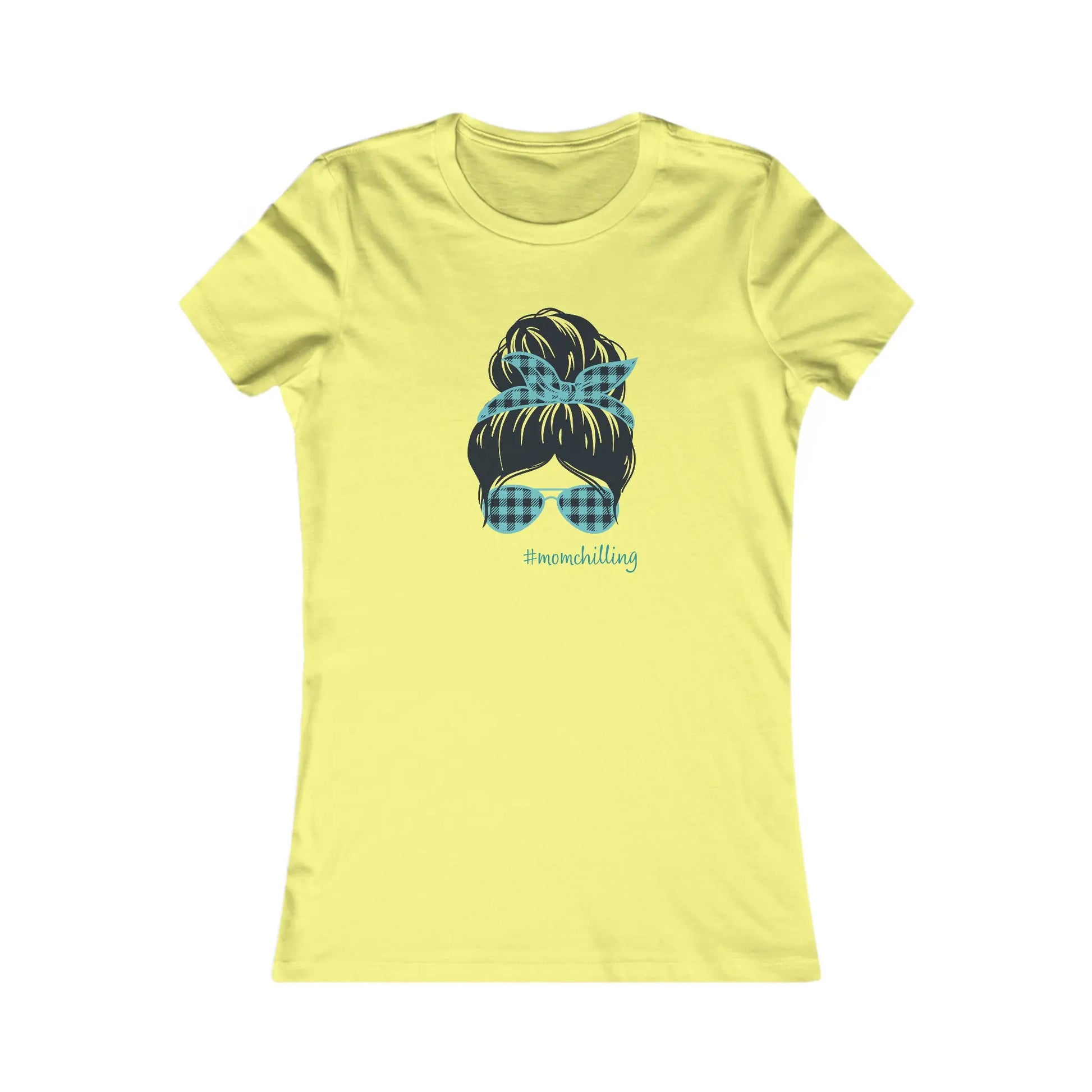 You have found the perfect gift at the Gifts For Mom store: a yellow t-shirt adorned with an illustration of a womans hair in a bun, accented by a blue and black checkered print bandana and matching sunglasses. Embrace #MOMCHILLING with this charming design!.