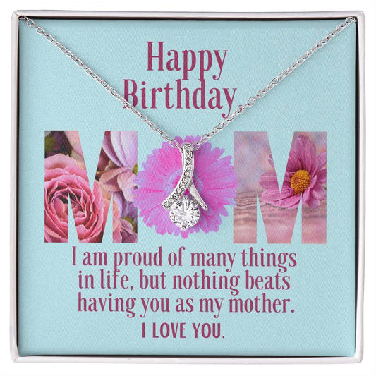 Ribbon Pendant Necklace with "Birthday Flowers Message Card" | Card is customizable to be family gift | Great Bday  Present For Mom | Gifts for Moms