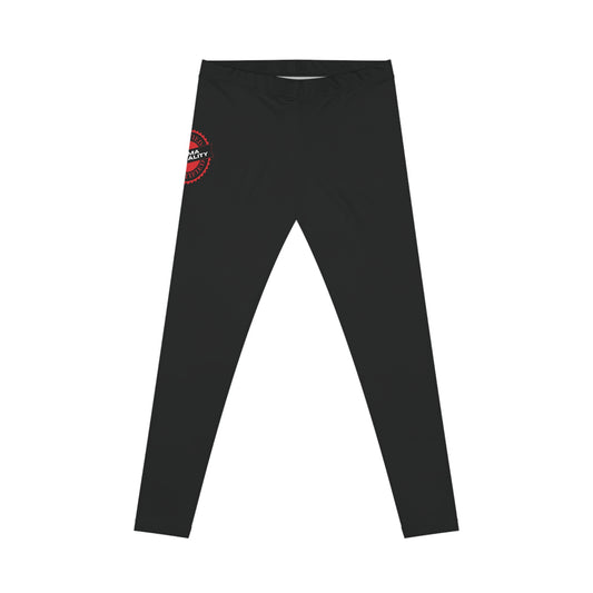 Front view of black leggings featuring a red circular logo that reads Mama Mentality.